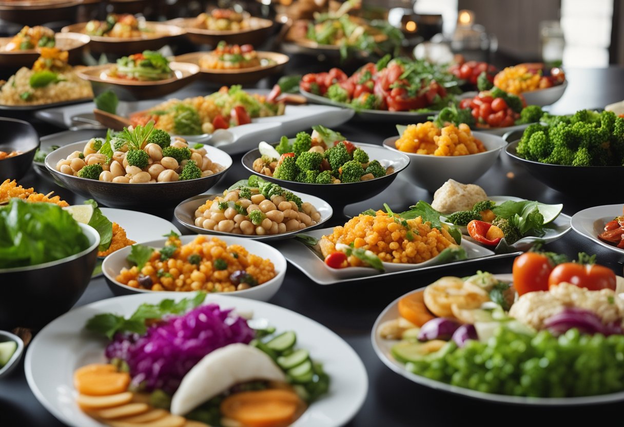 A table set with an array of colorful vegetarian dishes, arranged in an artful and appetizing display