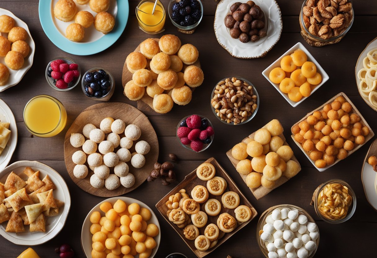 A table covered with a variety of party snacks, including mini pastries, savory tarts, and cheese puffs. Brightly colored cocktail napkins and festive decorations add to the celebratory atmosphere