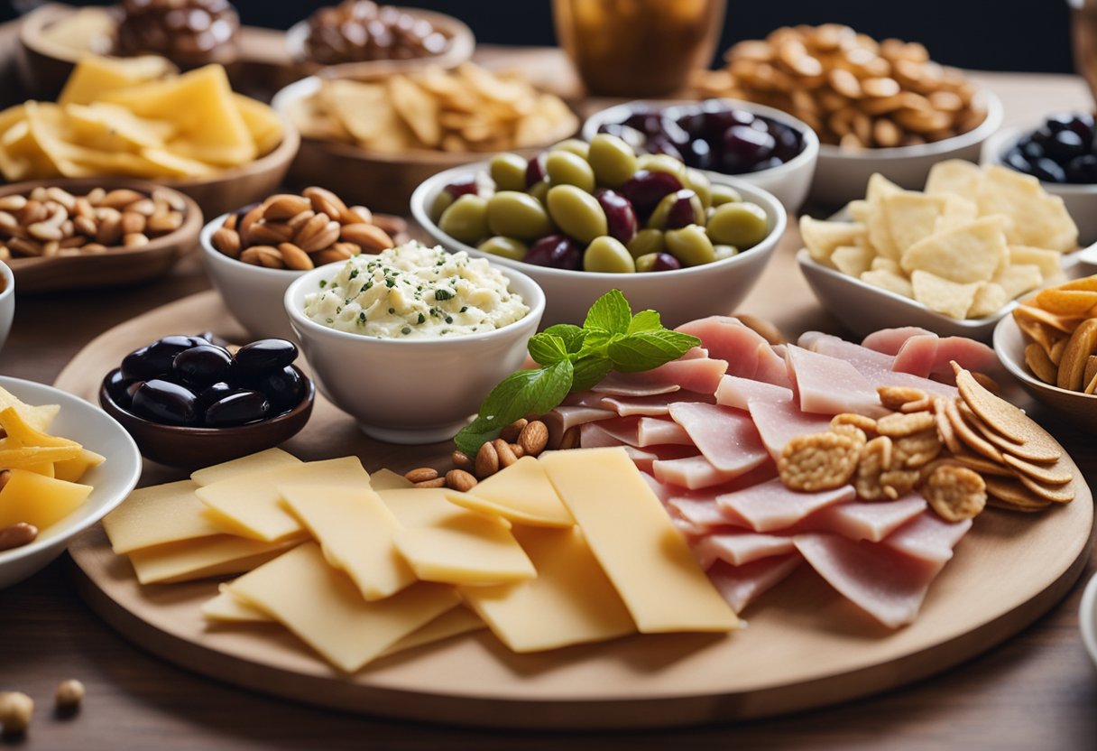 A table spread with various ingredients for party snacks, including cheese, ham, and olives, alongside bowls of mixed nuts and chips