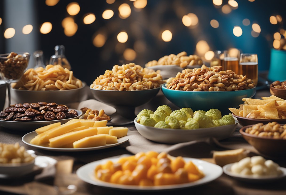 A table with assorted party snacks being prepared and stored