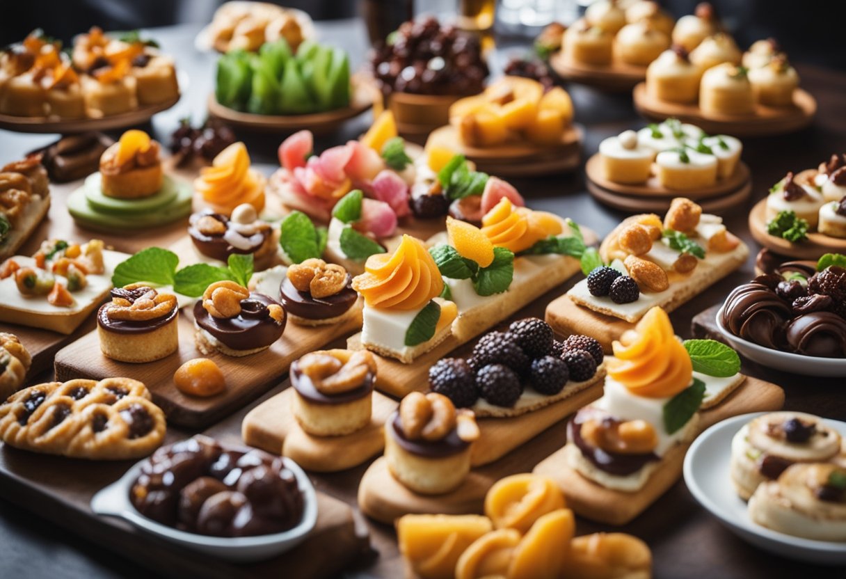 A table adorned with a colorful array of party snacks, including mini pastries, savory finger foods, and assorted canapés