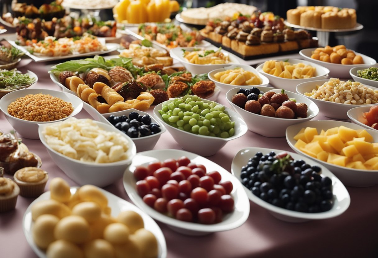 A table filled with various food options for a party buffet, arranged neatly and organized with labels and decorations