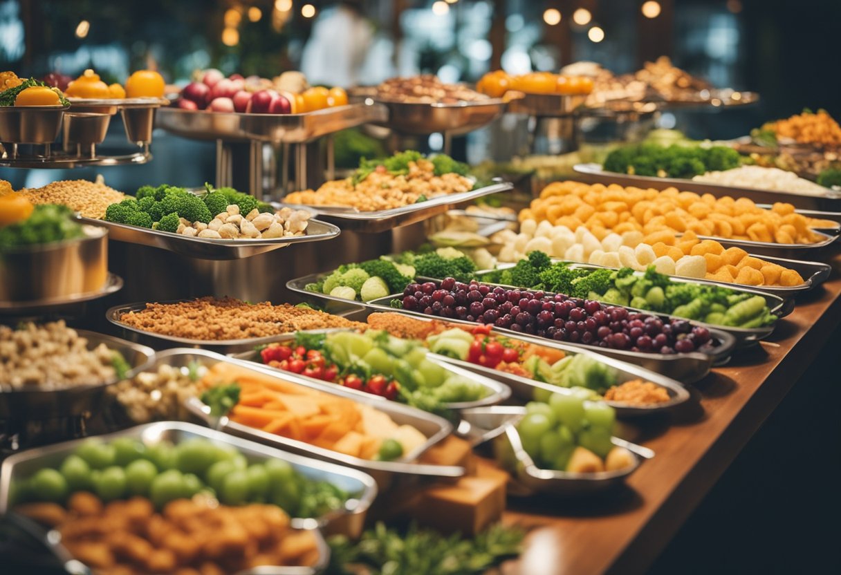 A beautifully decorated buffet table with a variety of colorful and appetizing foods arranged in an elegant and inviting manner