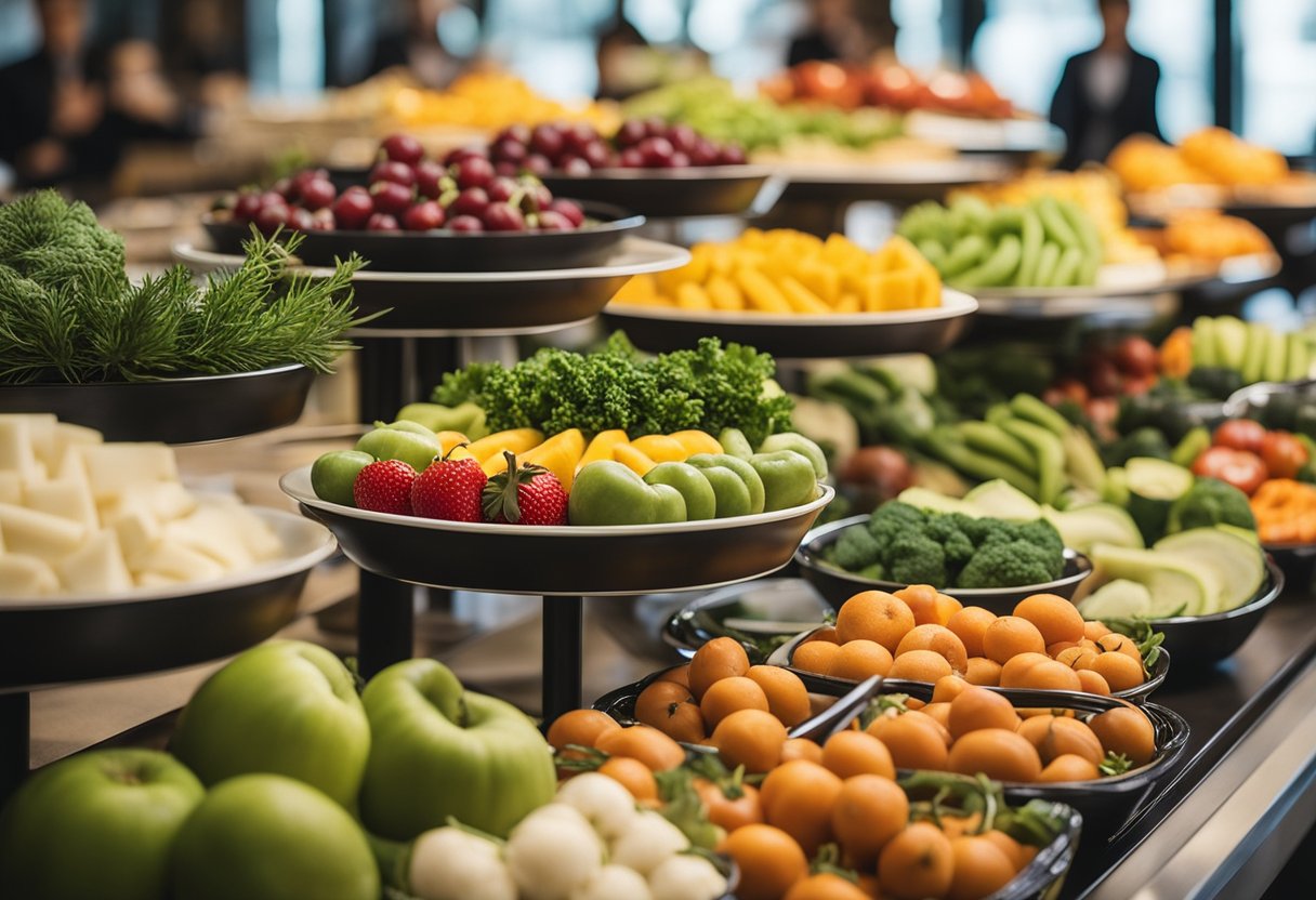 A buffet table with a variety of affordable and sustainable food options, including fresh fruits, vegetables, and eco-friendly serving ware