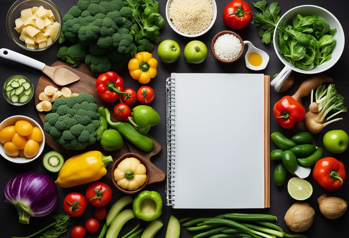 A colorful array of fresh vegetables and fruits, surrounded by pots, pans, and cooking utensils, with a cookbook open to a page titled "Tasty Vegan Recipes."