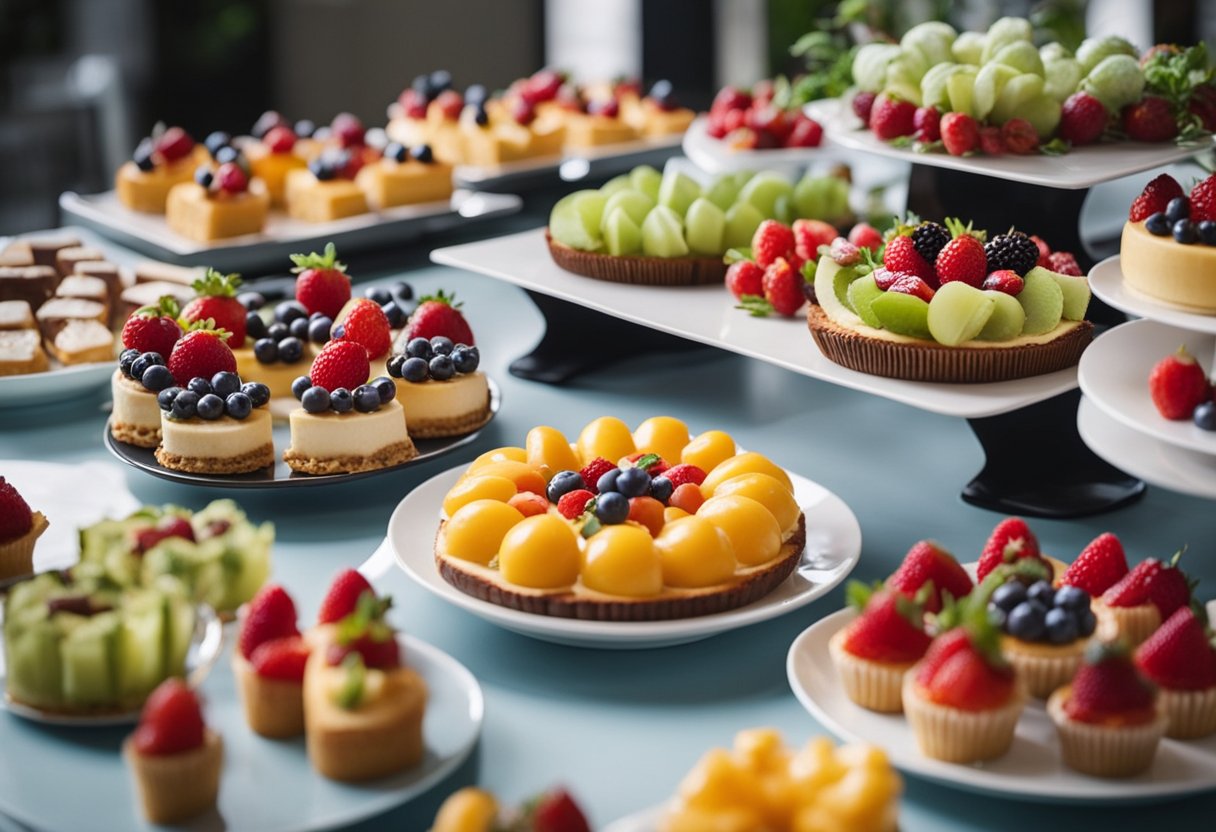 A table set with colorful vegan desserts, including cakes, tarts, and fruit platters. Plates and utensils are neatly arranged alongside the sweet treats