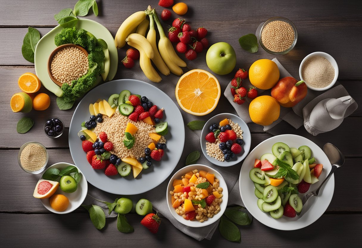 A table set with colorful, fresh fruits, vegetables, and grains. A variety of gluten-free dishes displayed on plates. Bright, inviting atmosphere