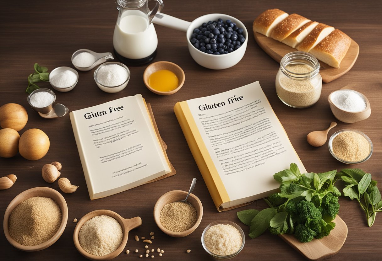 A kitchen counter with gluten-free ingredients and cooking utensils laid out for a celiac-friendly recipe book illustration