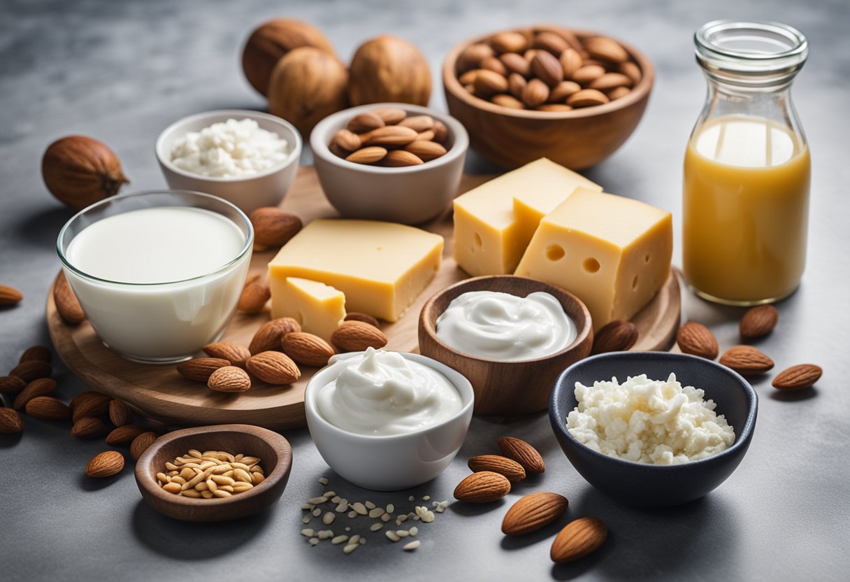 A variety of dairy-free ingredients arranged on a kitchen counter, including almond milk, coconut yogurt, and vegan cheese