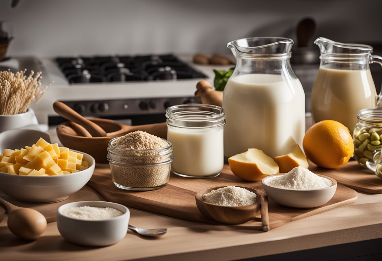 A kitchen counter with various ingredients and utensils for lactose-free recipes. A cookbook open to a page titled "Receitas para o Dia a Dia Receitas sem lactose"