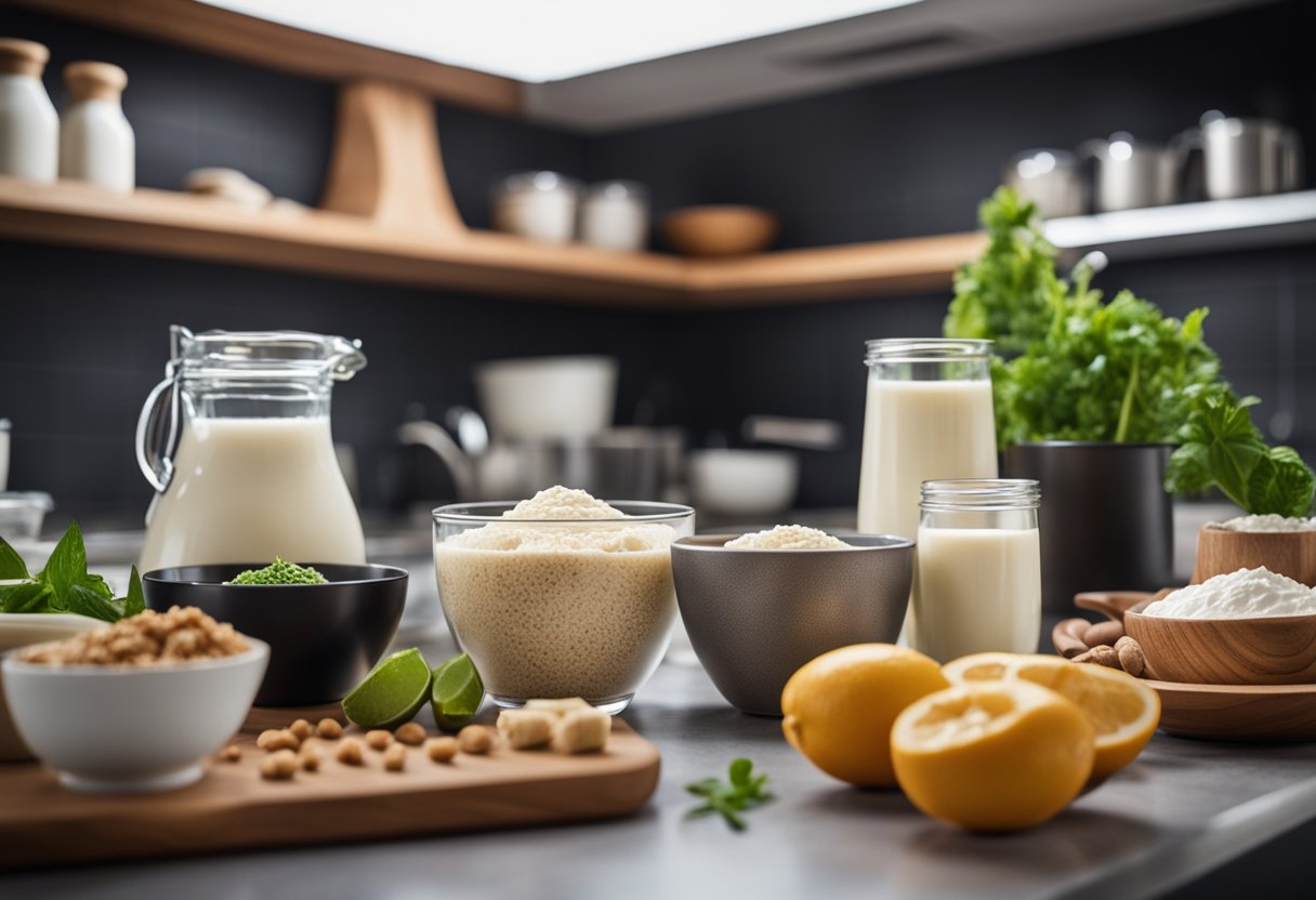 A kitchen counter with various dairy-free ingredients and utensils for preparing lactose-free recipes