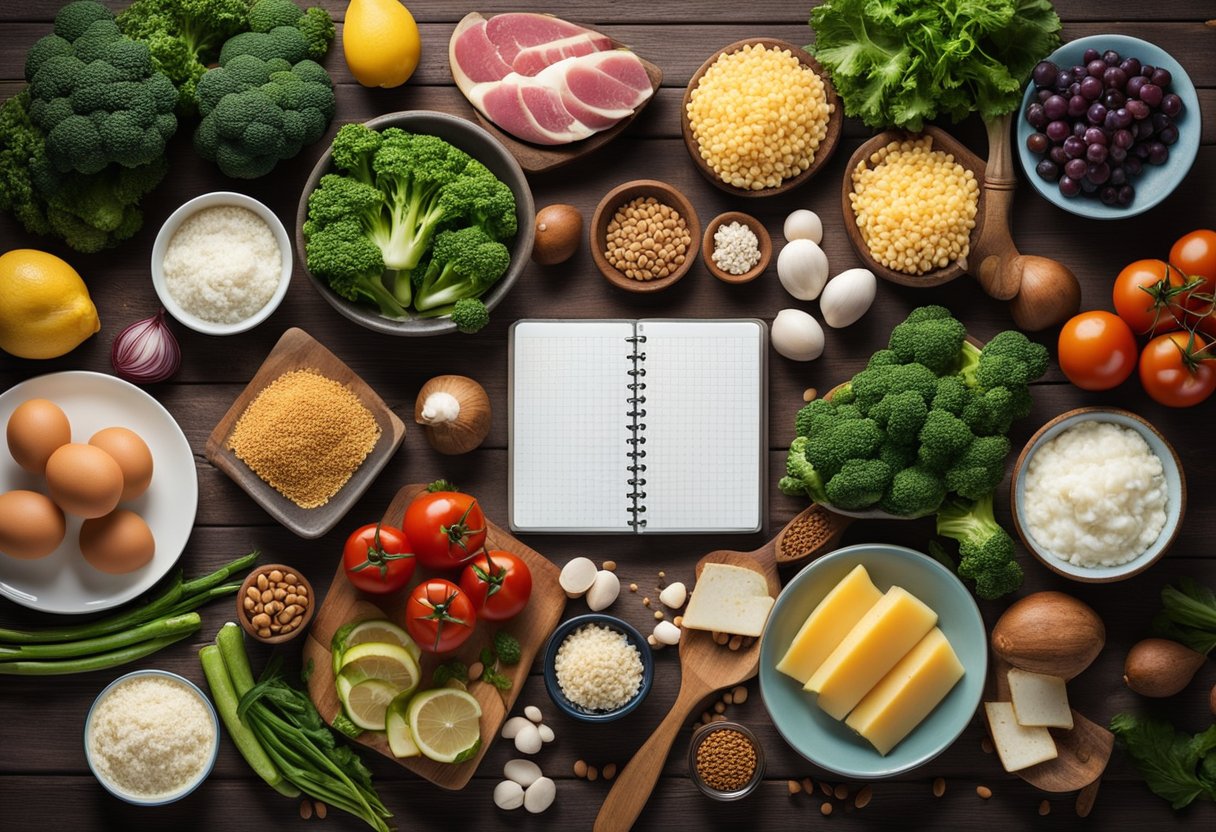 A table set with various keto-friendly foods and ingredients, including vegetables, meats, and healthy fats. Recipe book open to a page titled "Fundamentos da Dieta Keto Opções de receitas keto."