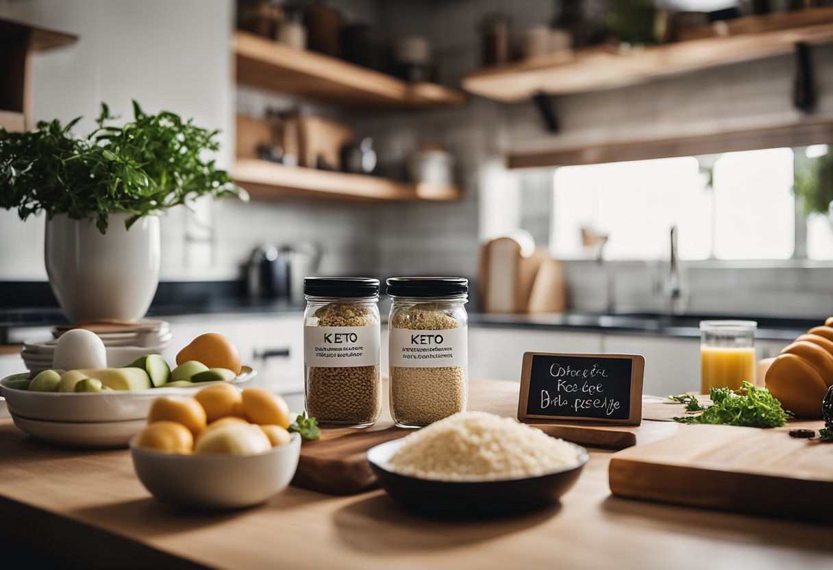 A kitchen counter with keto ingredients and recipe books open