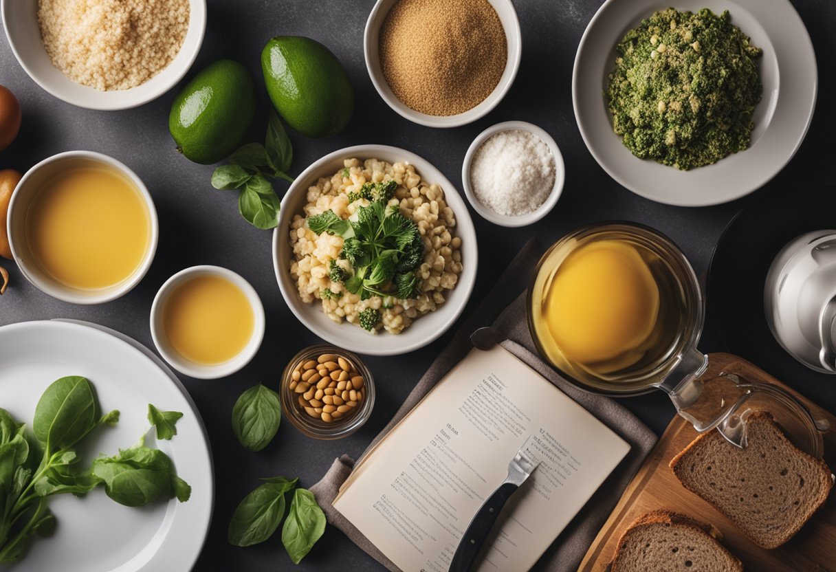 A kitchen counter with various keto-friendly ingredients and recipe books laid out for meal planning