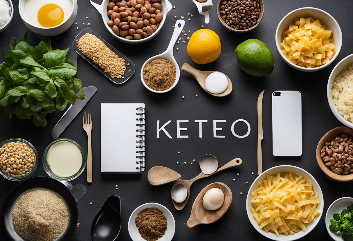 A table with various keto recipe options and adaptations. Ingredients, cookbooks, and cooking utensils scattered around