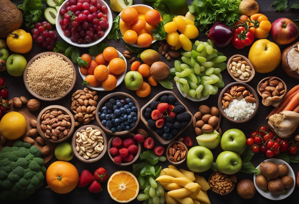 A table set with a variety of colorful fruits, vegetables, nuts, and lean meats, all arranged in an inviting and appetizing display