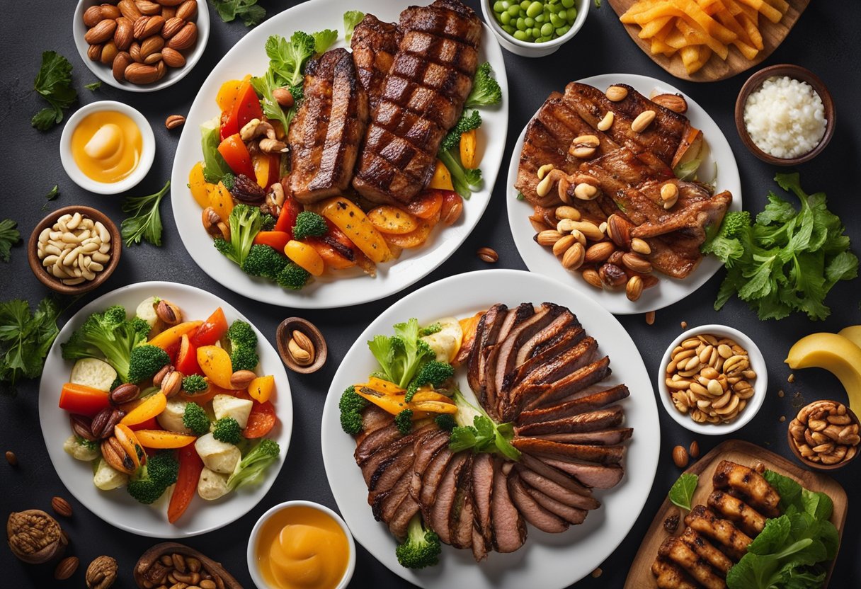 A table set with grilled meats, fresh vegetables, and nuts, all arranged in an appetizing and colorful display