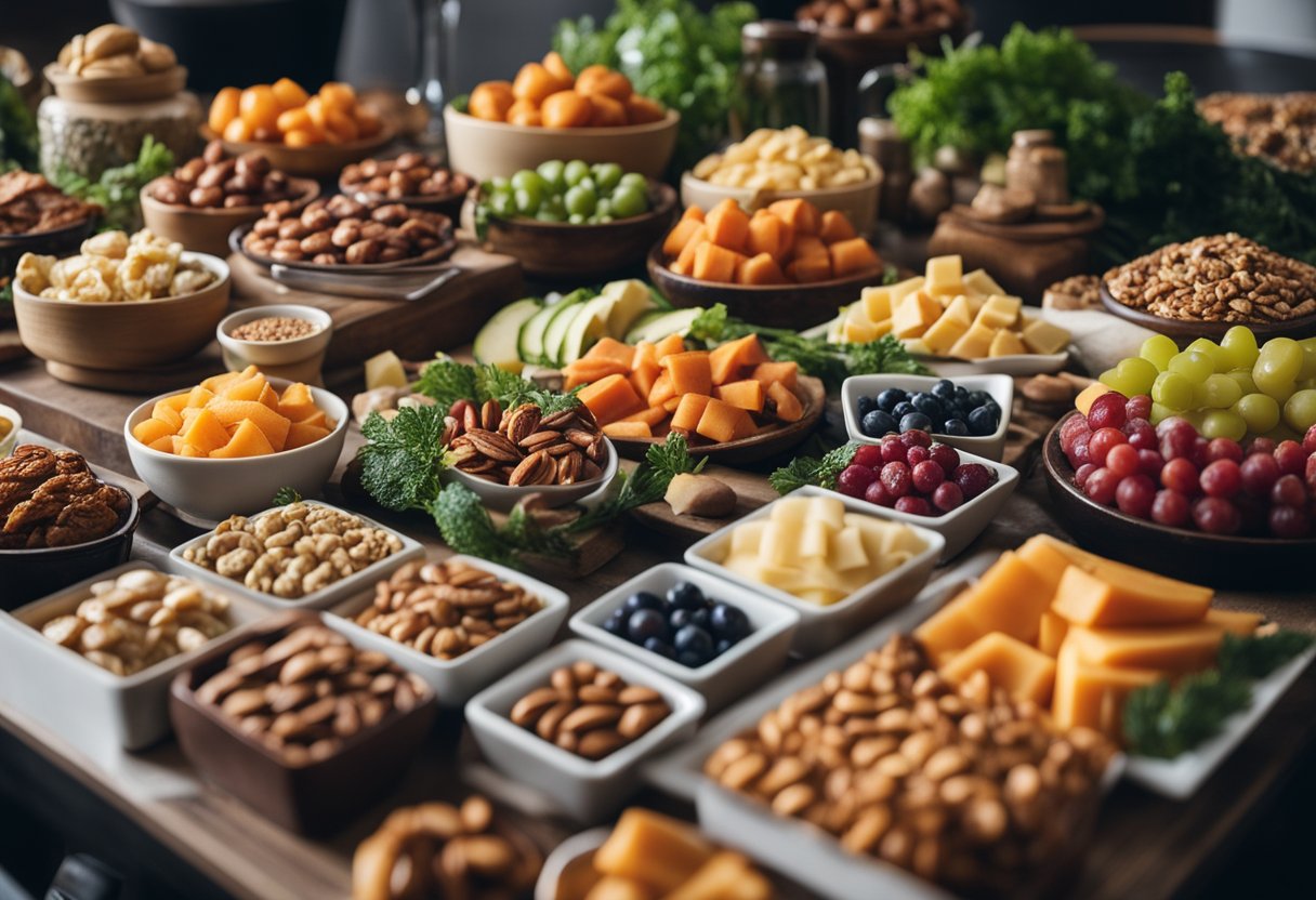 A table spread with paleo-friendly snacks and dishes. Fruits, nuts, vegetables, and lean meats are arranged in an appetizing display