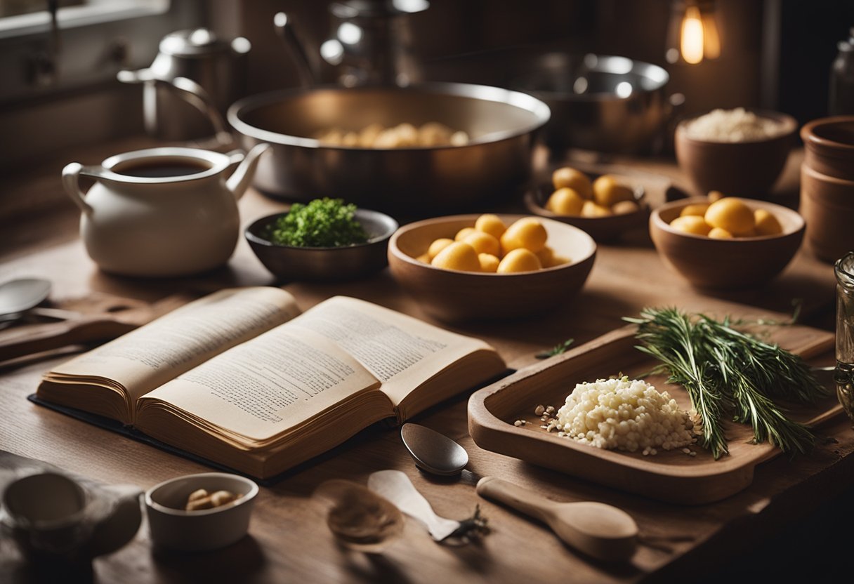 A cozy kitchen with a worn recipe book open on the counter, surrounded by scattered ingredients and cooking utensils. A warm, inviting atmosphere with a hint of nostalgia