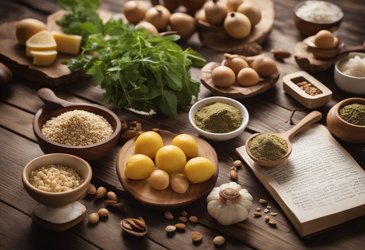 Traditional ingredients on a wooden table, surrounded by handwritten family recipes