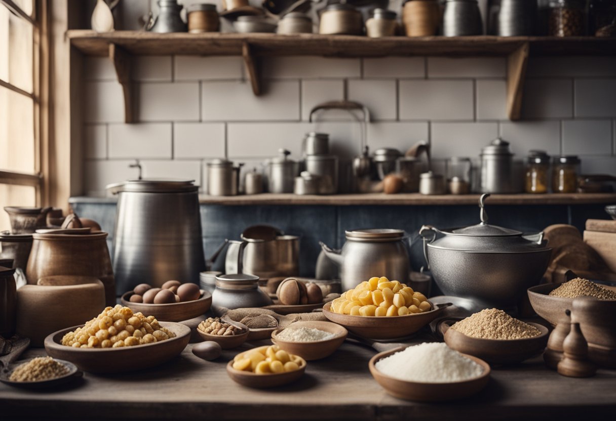 A rustic kitchen with vintage utensils and ingredients for traditional homemade sweets