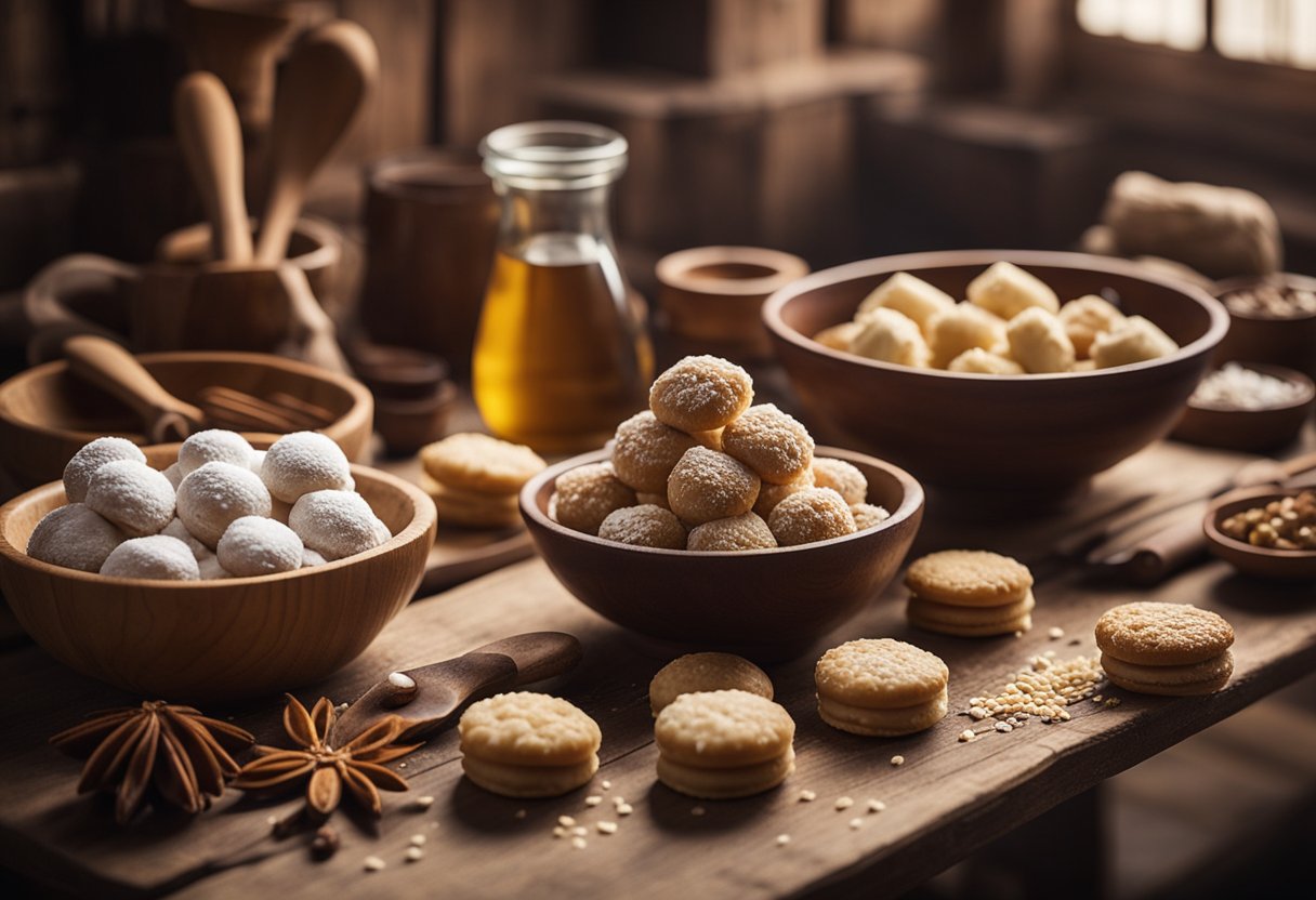 A rustic kitchen with traditional homemade sweets on a wooden table. A warm, cozy atmosphere with vintage cooking utensils and ingredients scattered around