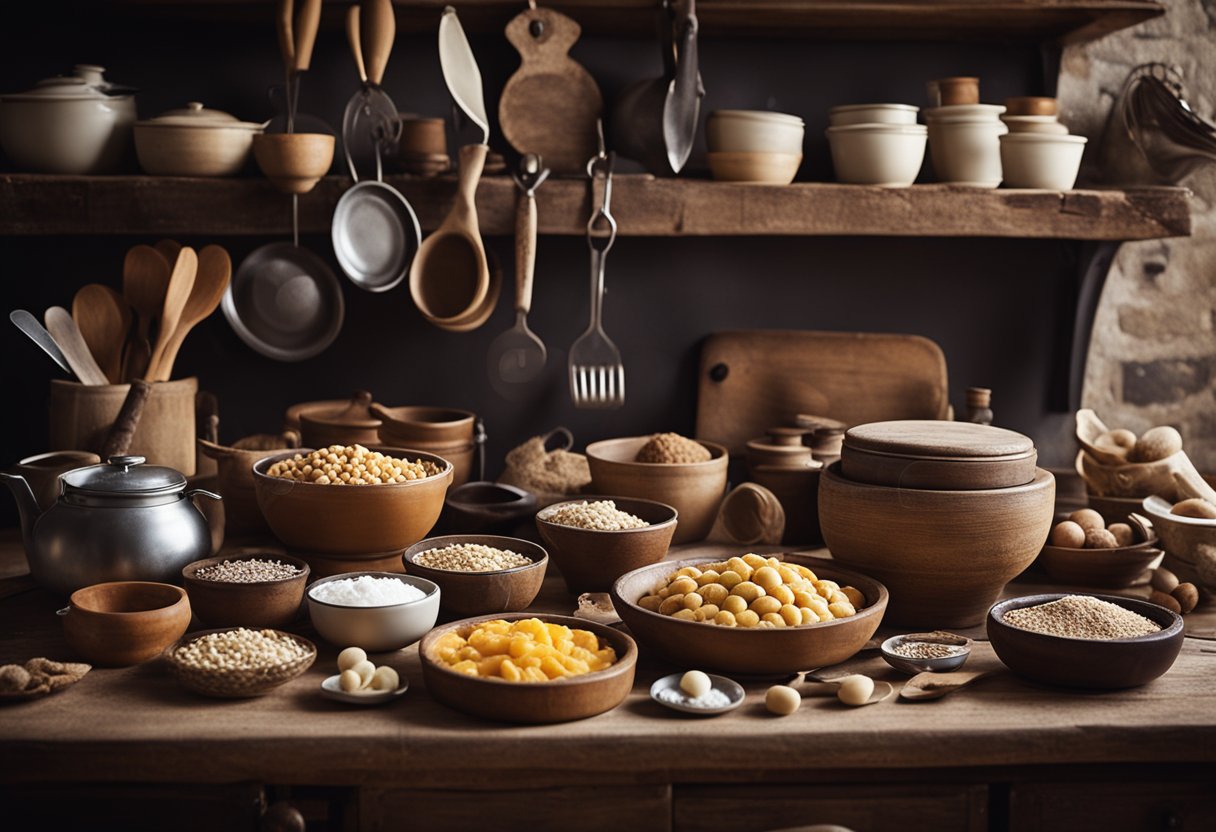 A rustic kitchen with vintage utensils and ingredients for traditional homemade sweets