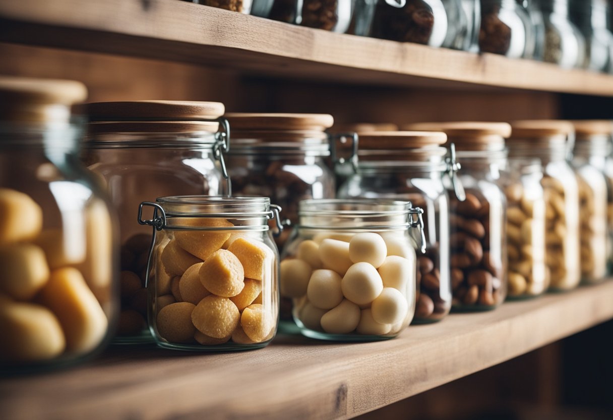 Traditional homemade sweets stored in glass jars on a wooden shelf