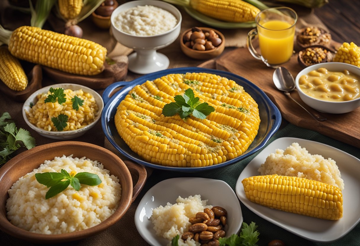 A table filled with typical Brazilian Junina party dishes, including corn on the cob, paçoca, and sweet rice pudding