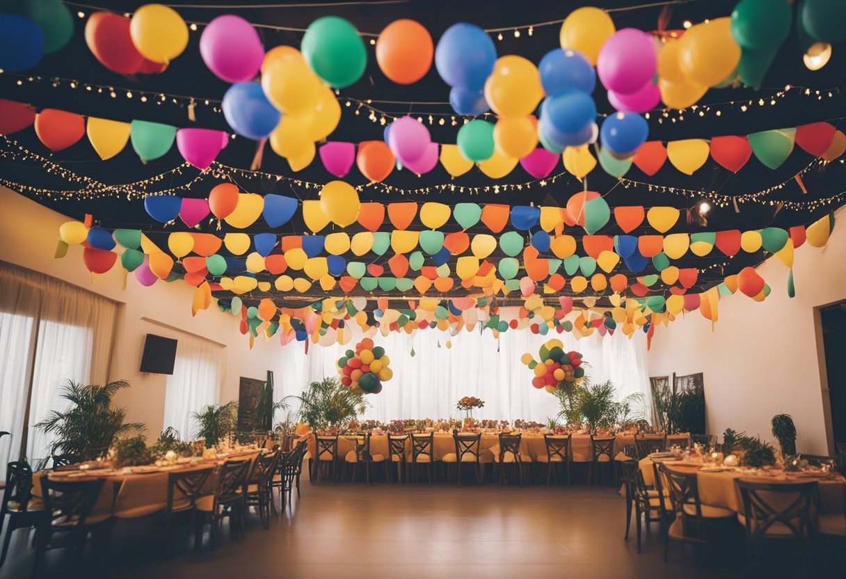 The party venue is adorned with colorful banners, balloons, and streamers. Tables are neatly arranged with traditional Junina party recipes and decorations