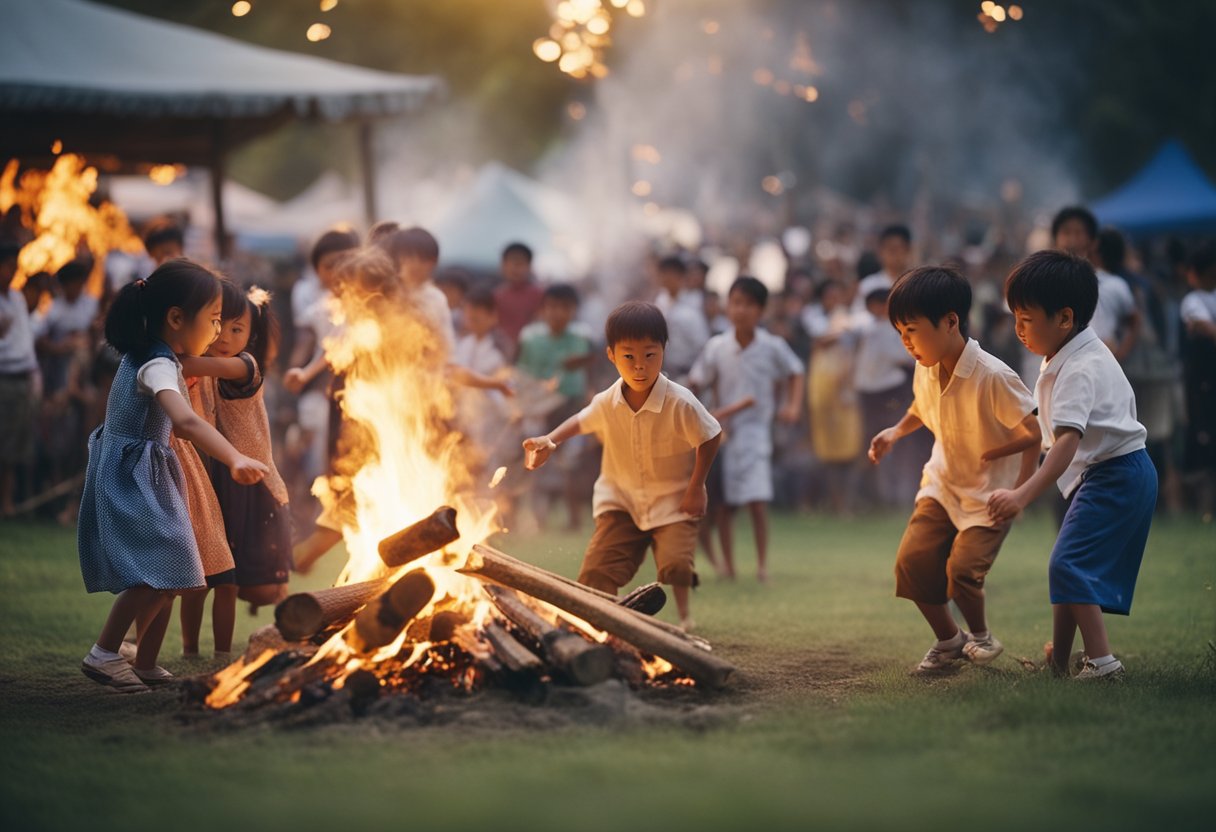 Children playing traditional games, dancing around a bonfire, and making traditional treats for a June festival