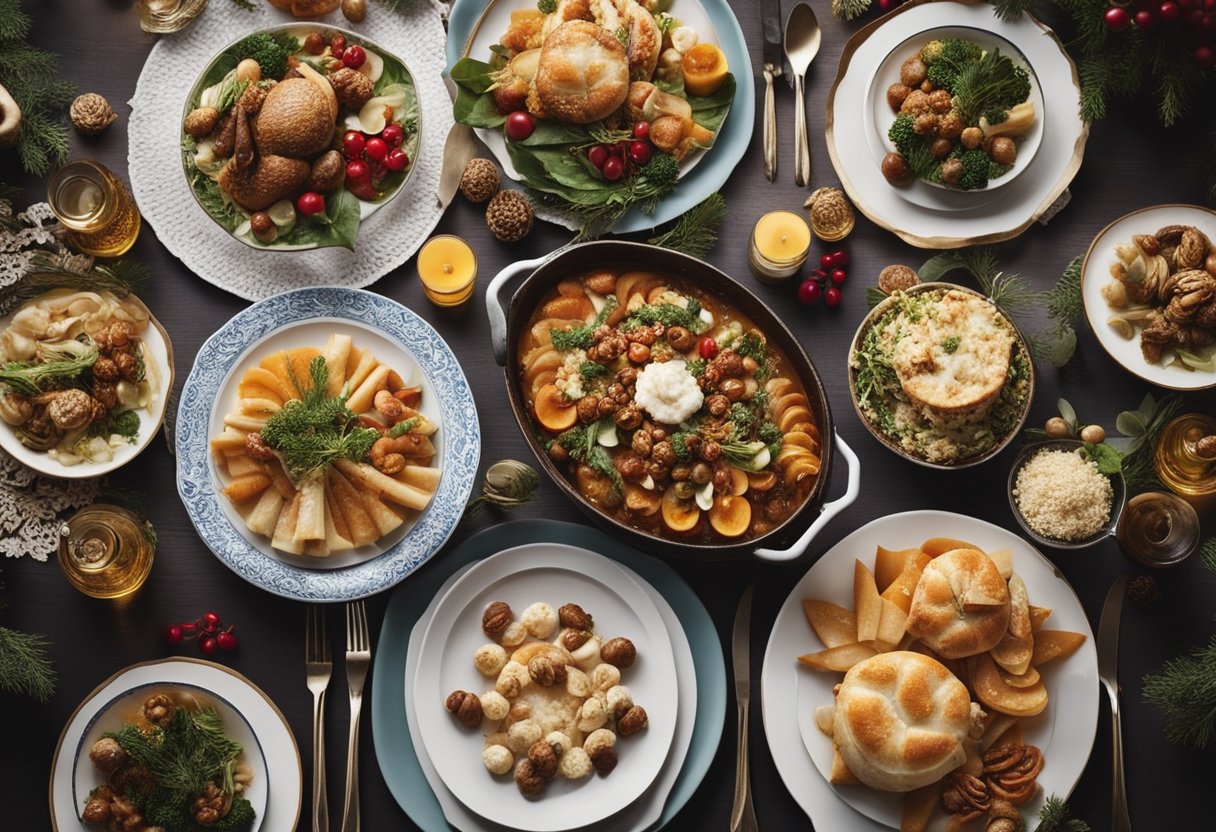 A table adorned with traditional holiday dishes, surrounded by festive decorations and filled with people enjoying the food