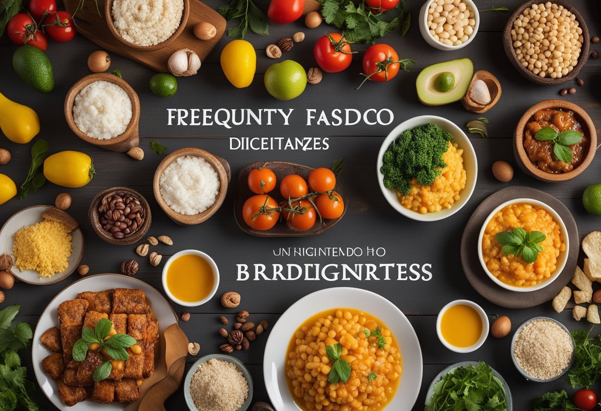 A table filled with colorful and appetizing dishes made from affordable ingredients, with a banner reading "Frequently Asked Questions Dica de Pratos deliciosos com ingredientes baratos" in the background