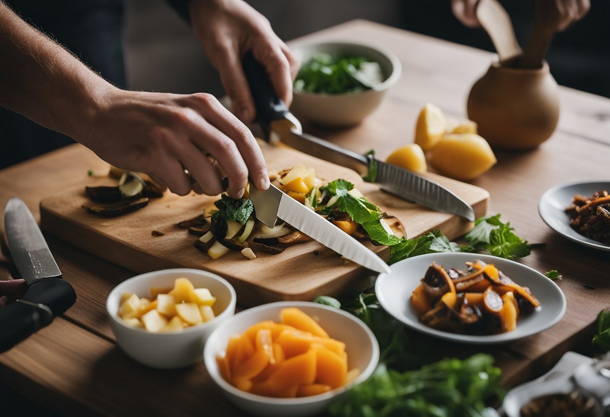 A table with assorted food scraps, a cutting board, and a knife. A person's hand is using the knife to chop and prepare the scraps