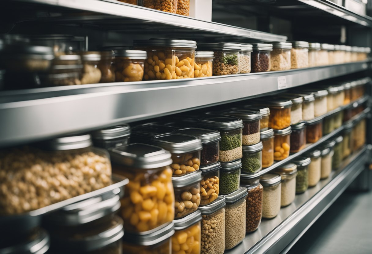 Leftover food stored in airtight containers. Illustrate shelves with labeled jars and bags. Show a person using leftovers in a recipe