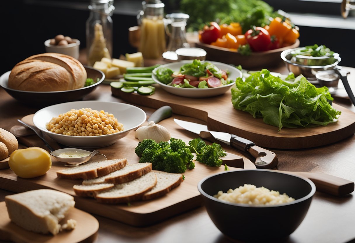 A table with various leftover food items, such as vegetables, bread, and meat. A chef's knife and cutting board are nearby, as well as a mixing bowl and utensils