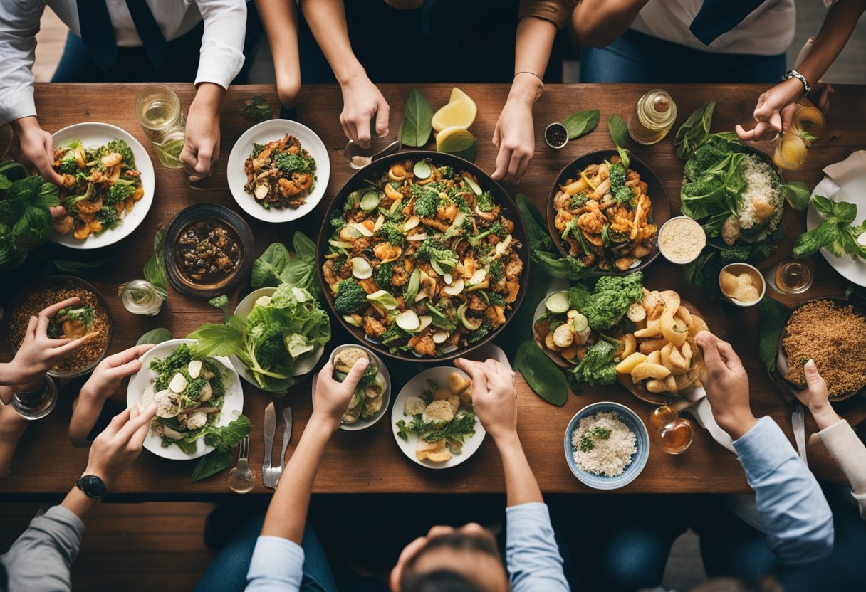 A table with various food scraps being creatively repurposed into new dishes, surrounded by people sharing tips and ideas