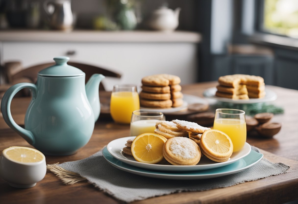 A table set with simple, budget-friendly desserts. Plates of cookies, fruit, and small cakes. A pitcher of homemade lemonade. Cozy kitchen atmosphere