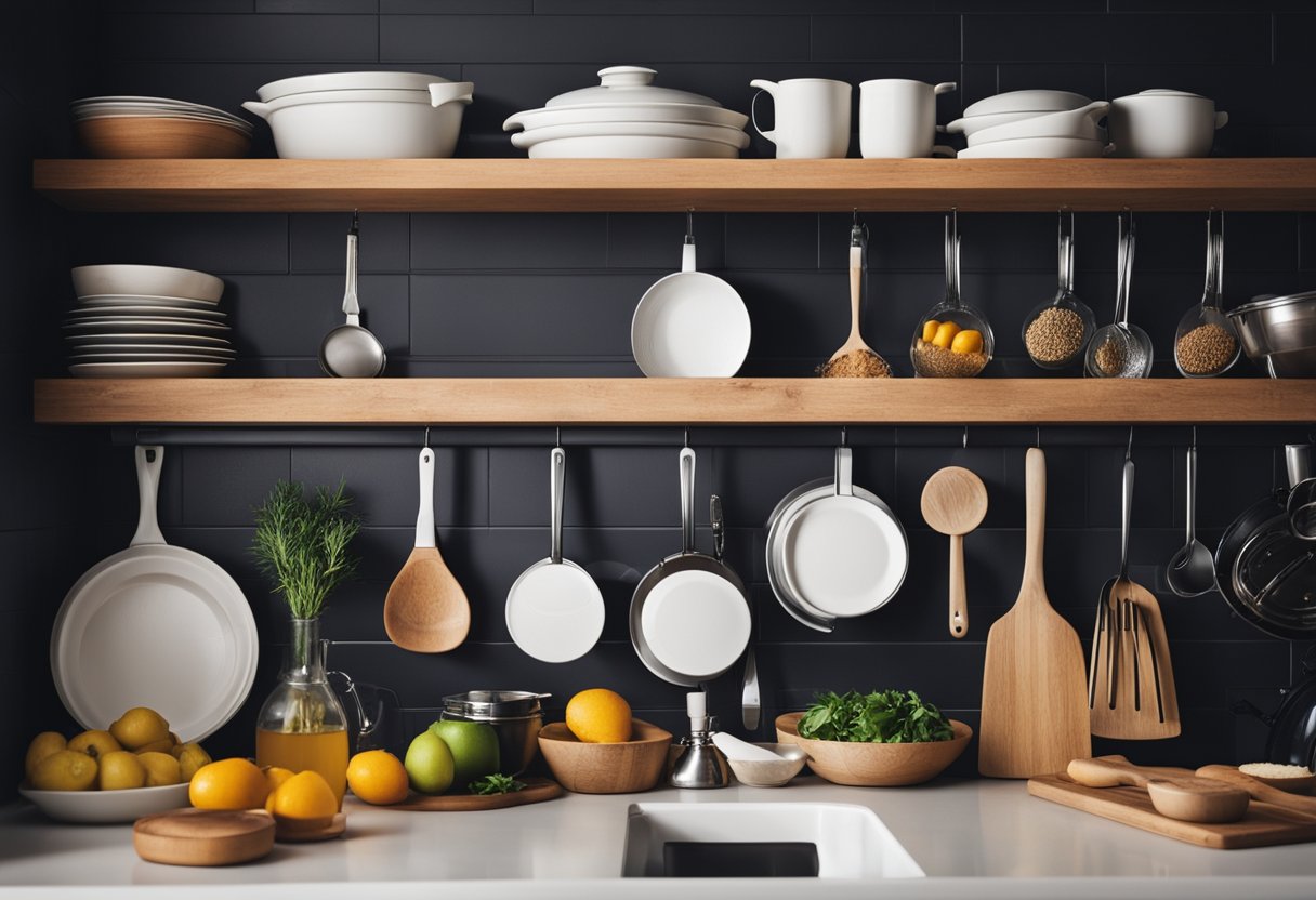 A kitchen with budget-friendly ingredients and cooking utensils laid out for everyday recipes