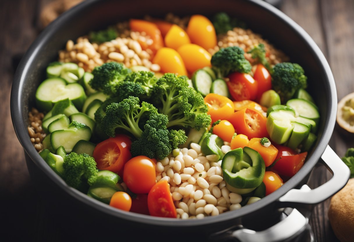 A variety of fresh vegetables, grains, and proteins simmer in a single pot, creating a colorful and nutritious one-pot meal