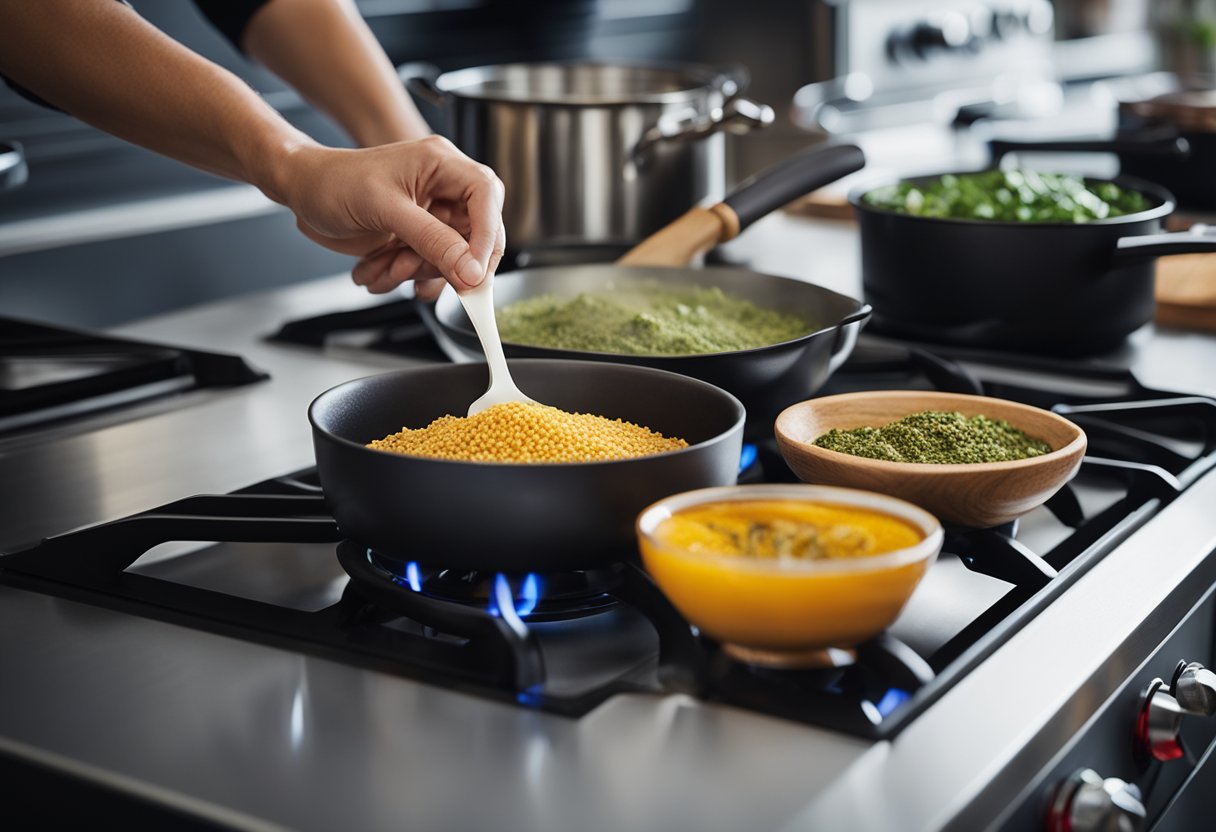 A variety of ingredients and seasonings are being added to a single pot, while a stove is heating in the background