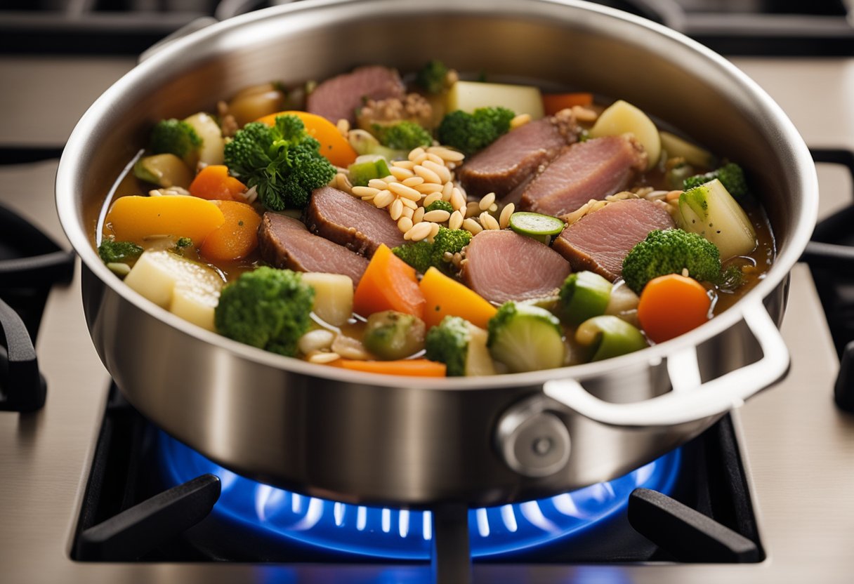 A pot on a stove, filled with a colorful assortment of vegetables, meats, and grains simmering in a savory broth