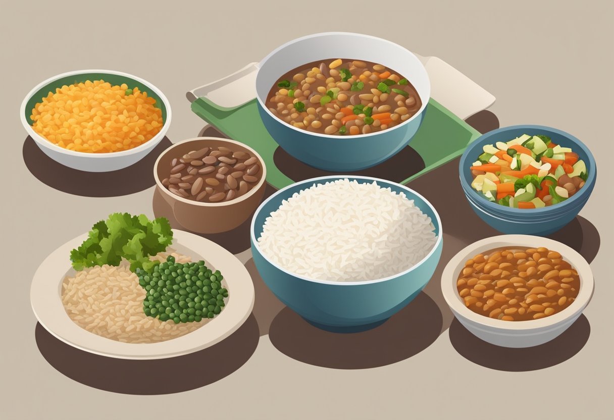 A table set with simple, affordable meals. Plates of rice, beans, and vegetables. A frugal yet satisfying spread for economical lunches and dinners