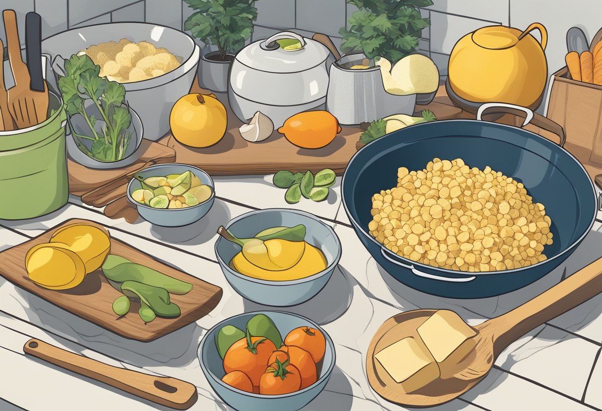 A kitchen scene with budget-friendly meal ingredients and cooking tools. No human subjects or body parts included