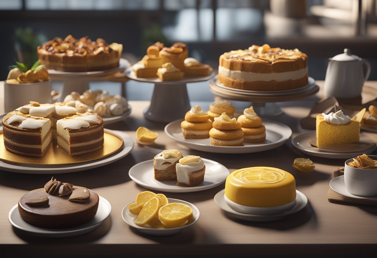 A table set with a variety of homemade desserts, including cakes, pies, and pastries. The desserts are arranged neatly on plates and displayed attractively