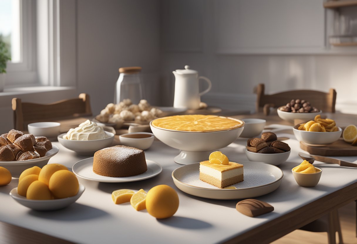 A table set with various affordable dessert ingredients and utensils, with a cookbook open to a page titled "Quick and Cheap Dessert Recipes."