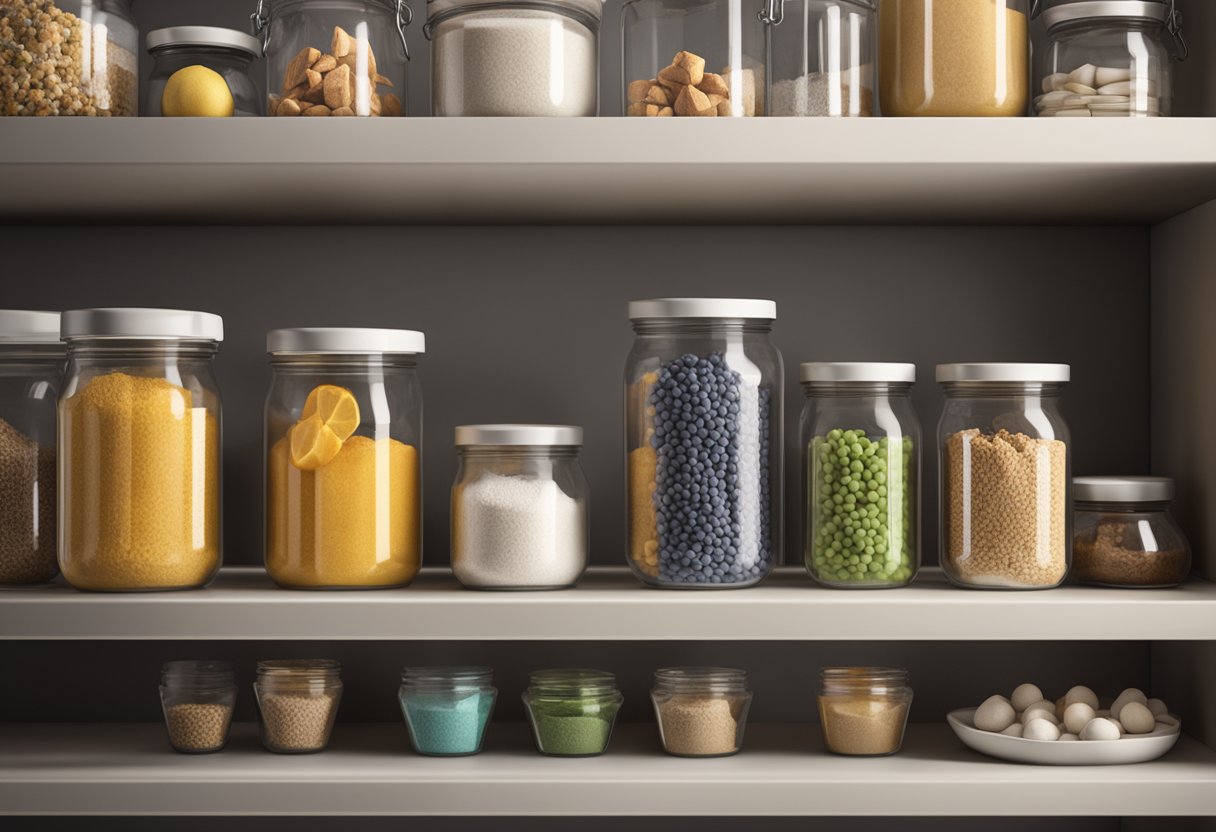 A shelf filled with neatly organized jars and containers of various dessert ingredients, with labels indicating "economical dessert tips" in a kitchen setting