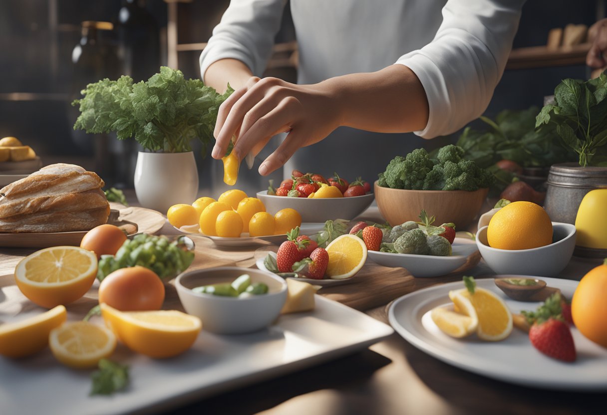 A hand reaches for fresh, vibrant ingredients for a special and elaborate brunch. Quality and care are evident in the selection process