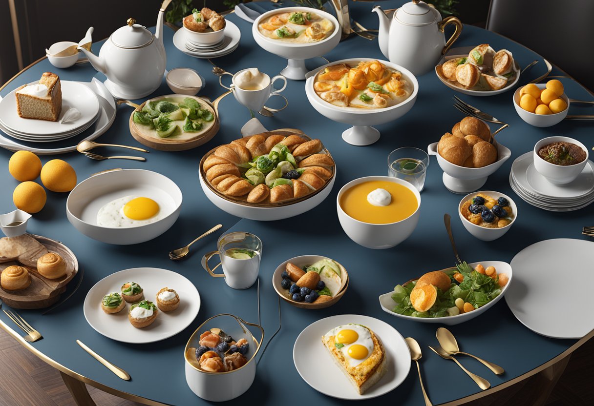 A table set with an array of exclusive and elaborate brunch dishes