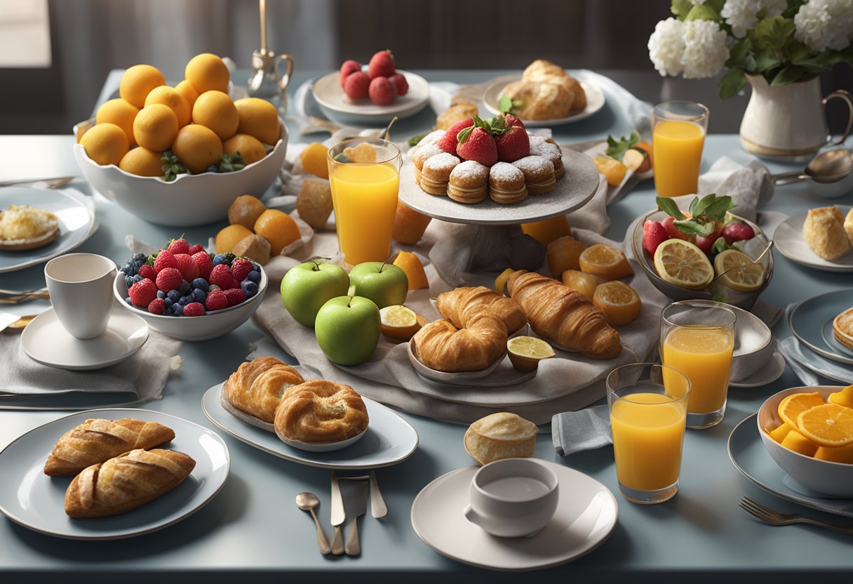 A beautifully set table with an assortment of themed brunch items, including pastries, fruits, and decorative tableware